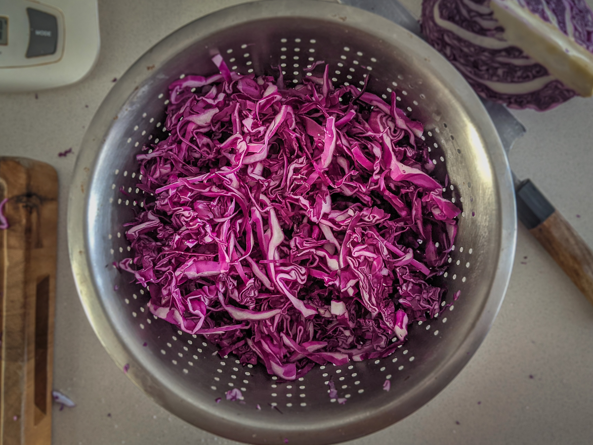 Red cabbage cut up for slaw