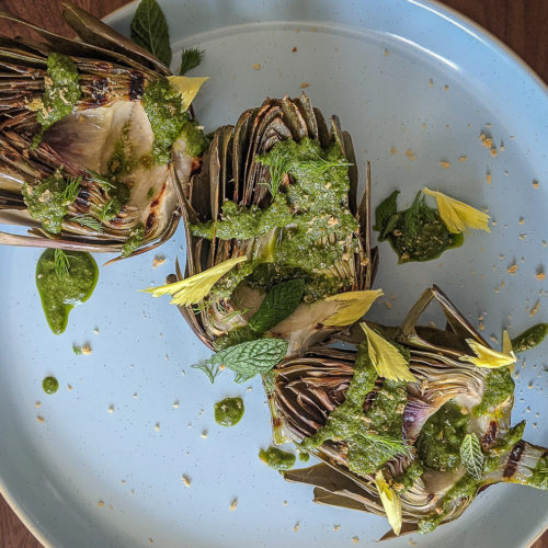 Grilled artichokes with salsa verde and herbs